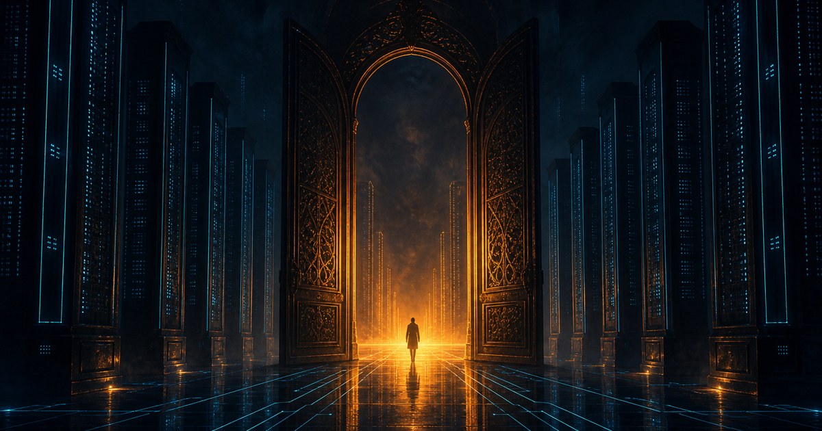 Dark cyberpunk illustration of a vaulted directory hall at night: an ornate gate stands wide open and unguarded, amber light spilling between rows of cyan-lit record pillars as a lone silhouette walks through.