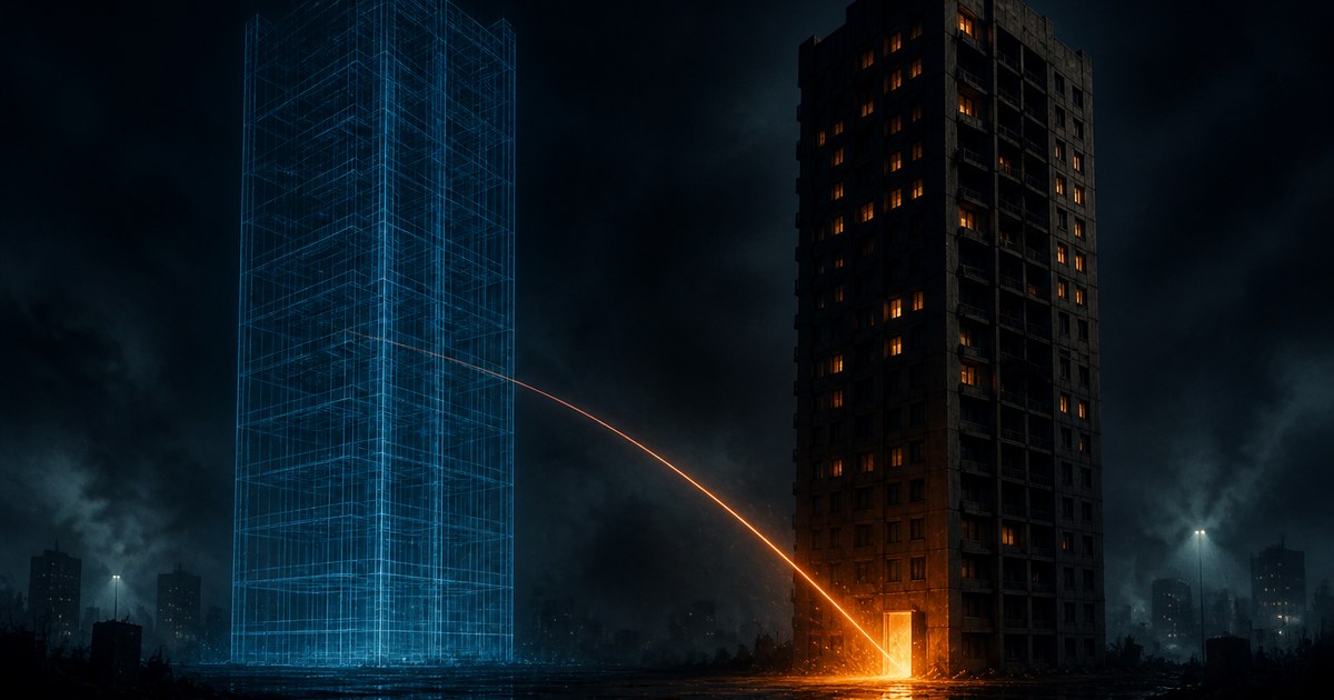 Dark cyberpunk illustration of two towers at night: a hollow cyan wireframe building on the left and a solid concrete tower with lit windows on the right, with a thin orange beam arcing from the wireframe into the real tower's open doorway.