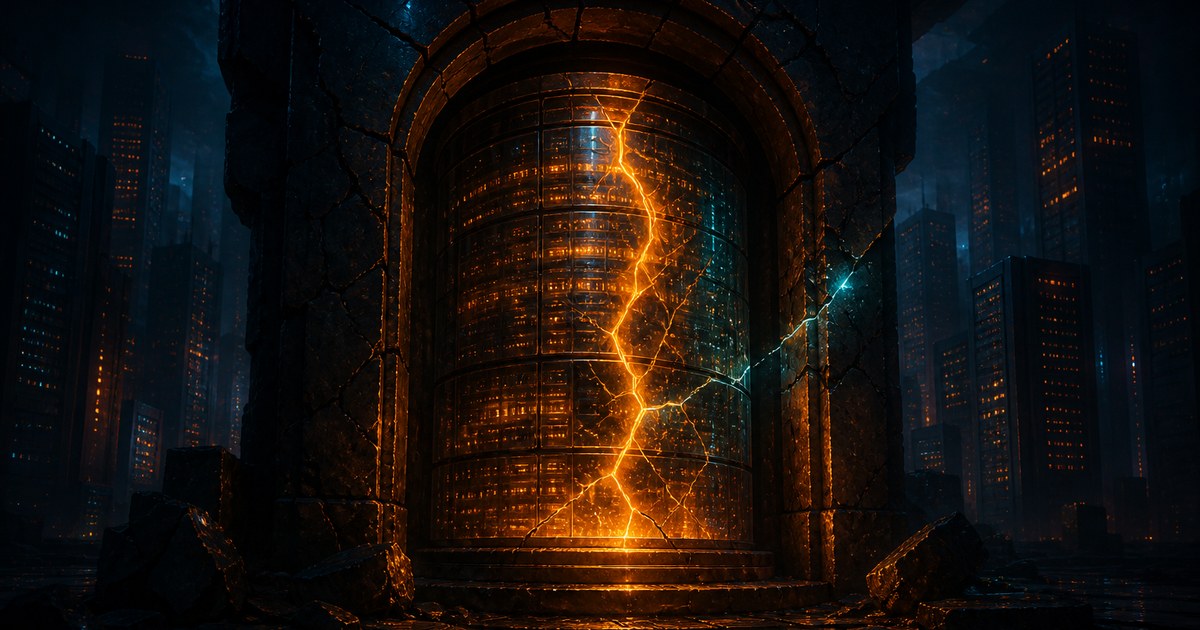 Dark cyberpunk illustration of a cracked glass database shield glowing amber, suspended over a grid of glowing server towers with cyan fracture lines spreading beneath it.