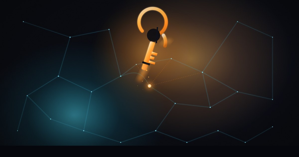 Dark cyberpunk illustration of a fractured translucent key dissolving over a glowing network lattice, one node flickering out mid-connection.