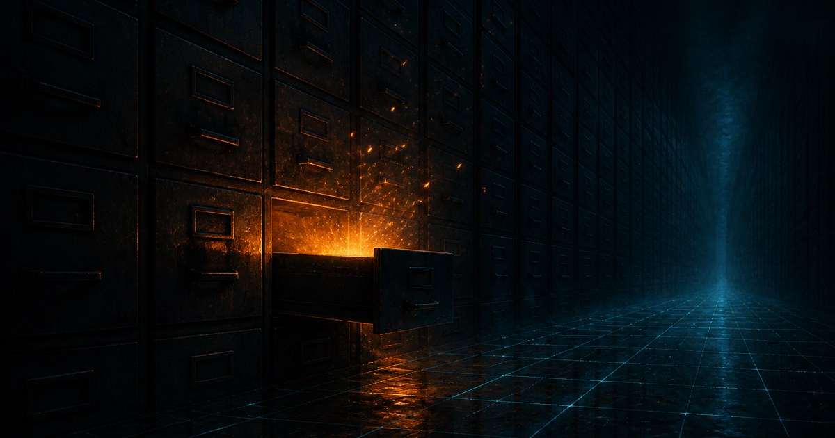 Dark cyberpunk illustration of a long corridor of tall metal archive drawers at night on a glowing cyan grid floor, with one drawer pulled open and amber light and embers spilling out of it.