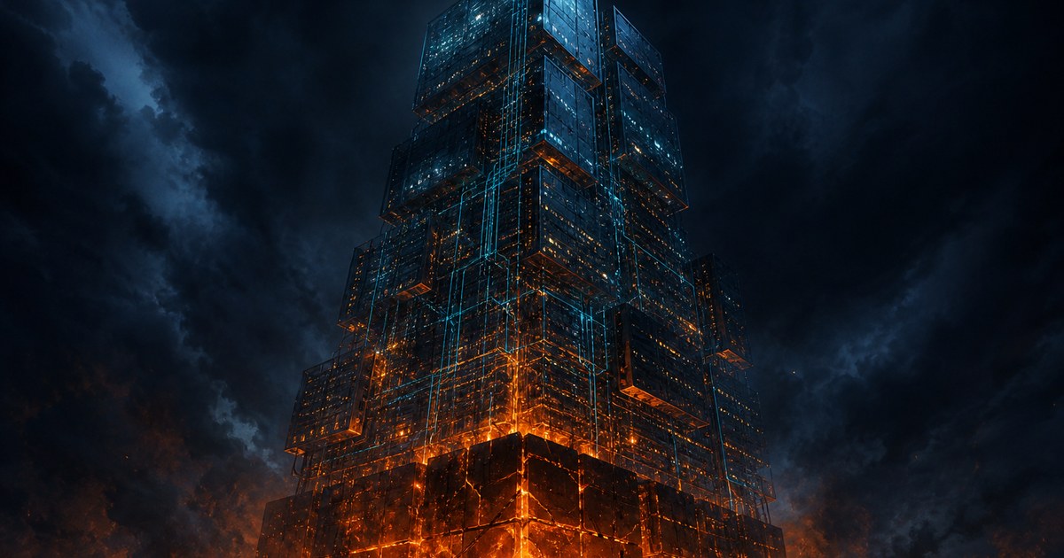 Dark cyberpunk illustration of a towering server monolith at night, its lowest foundation block cracked open and bleeding orange light upward through a cyan circuit lattice.