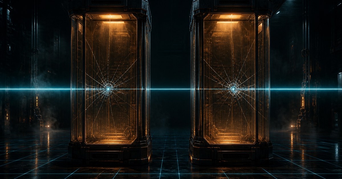 Dark cyberpunk illustration of two identical amber-lit glass containment chambers standing in an unlit machine hall, each with the same panel shattered at the same point, and a thin cyan beam passing straight through both breaches.