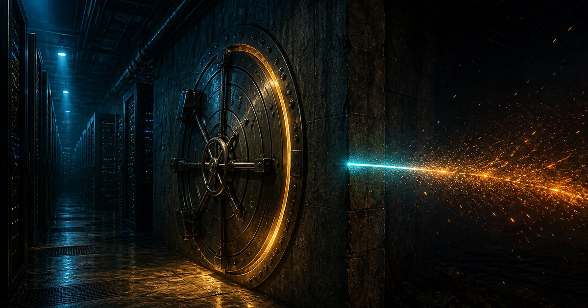 Dark cyberpunk illustration of a heavy vault door sealed shut in a dim server hall while a thin cyan beam passes through the wall beside it and carries amber sparks out into the night.