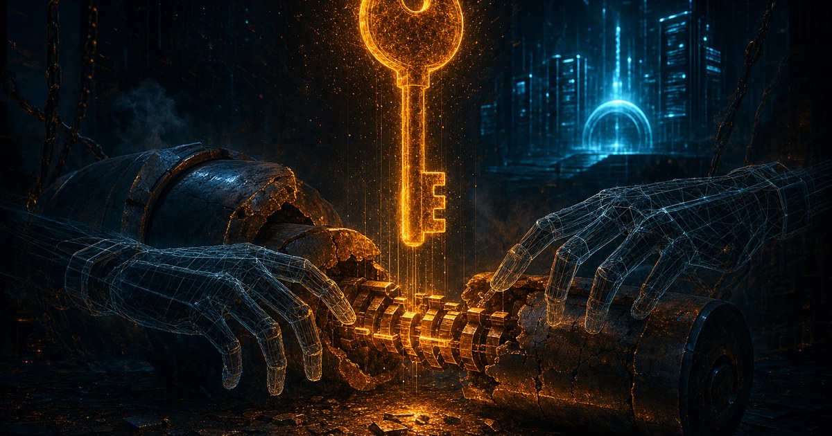 Dark cyberpunk editorial illustration of a glowing amber key hovering above a cracked digital lock mechanism, its teeth rewritten mid-air by unseen hands, faint cyan server racks and a VPN gateway silhouette in the background.
