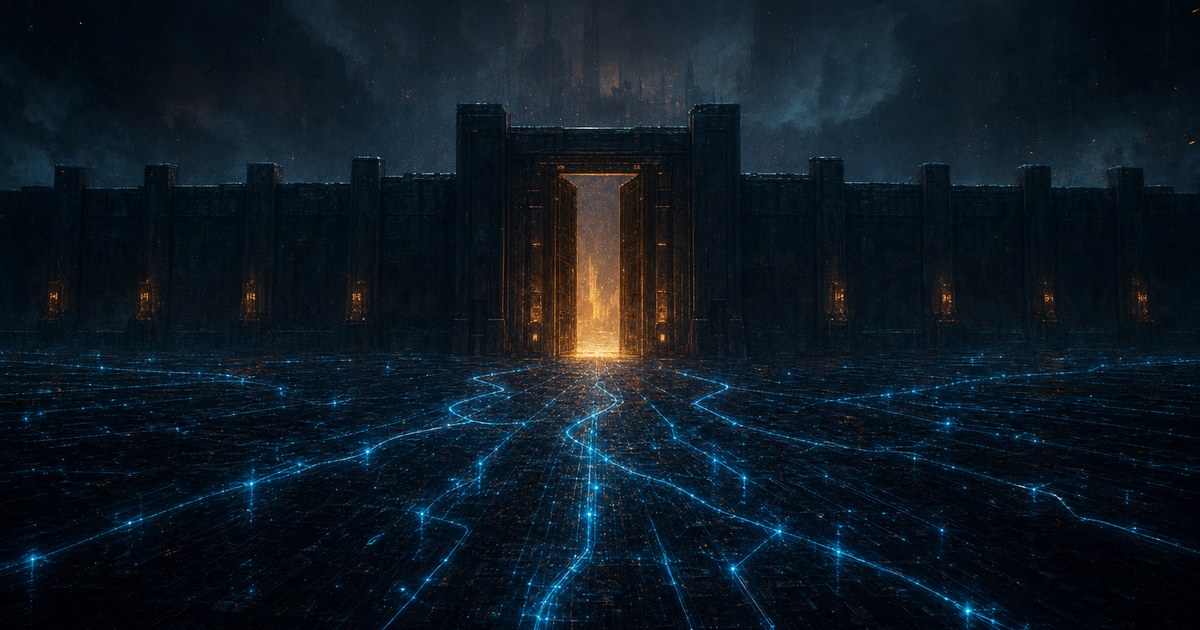 Dark cyberpunk illustration of a fortified doorway glowing amber at the center of a cyan network grid, its single door standing open while the surrounding walls remain intact.
