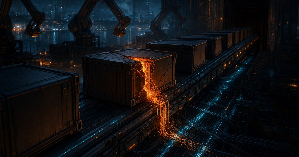 Dark cyberpunk illustration of a night shipping port where one cargo container on the conveyor has cracked open, bleeding orange light onto cyan data cables, symbolizing a poisoned software package moving down an install pipeline.
