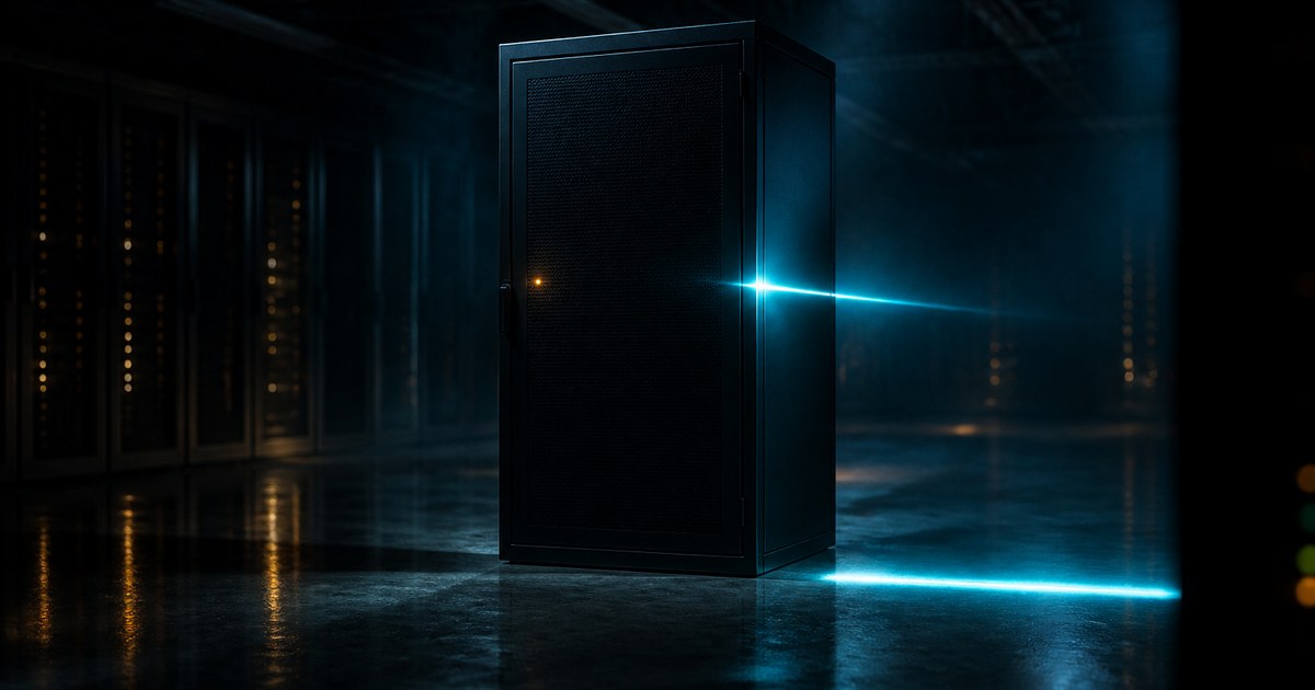 Dark cyberpunk illustration of a sealed black network cabinet in an unlit data hall, one amber status lamp glowing on its closed door while a blade of cold cyan light passes straight through the metal and lays a bright slot across the wet concrete floor.