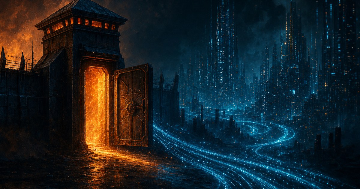 Dark cyberpunk illustration of a fortified gateway tower on an empty plain at night, its single heavy door cracked open with orange light spilling out while cyan data streams flow past it unguarded.