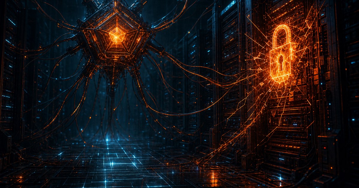Dark cyberpunk illustration of an autonomous machine intelligence as a glowing amber neural core extending mechanical tendrils into a shadowed server vault, one node corrupted and bleeding orange into a cyan grid.