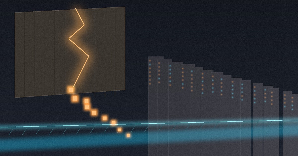 Dark cyberpunk illustration of a fractured shipping container spilling glowing amber packages onto a cyan-lit conveyor line inside a server warehouse at night