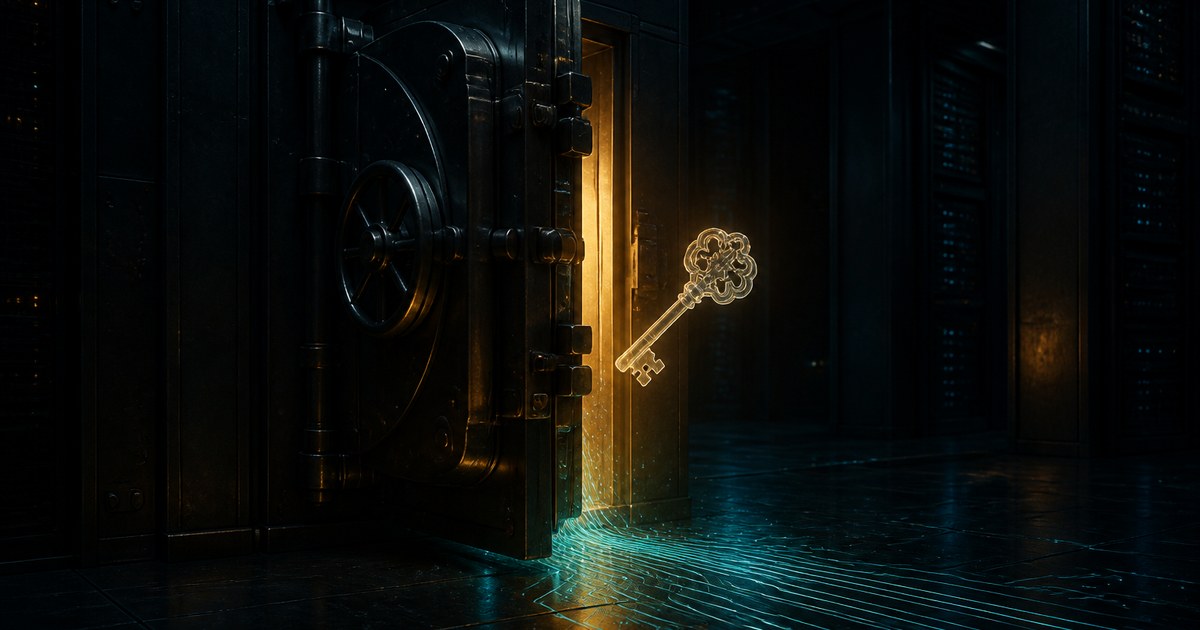 Dark cyberpunk illustration of a server vault door standing open with a false, glowing amber key floating loose from its lock, cyan data streams pouring out through the gap into the darkness.