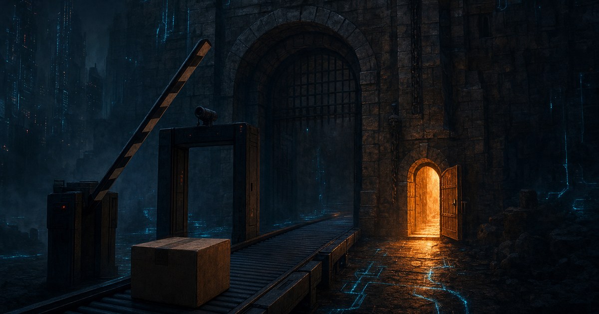 Dark cyberpunk illustration of a fortified library archway at night with a trusted side door swinging open and amber light spilling out, while a small package on a conveyor slides through unchecked.