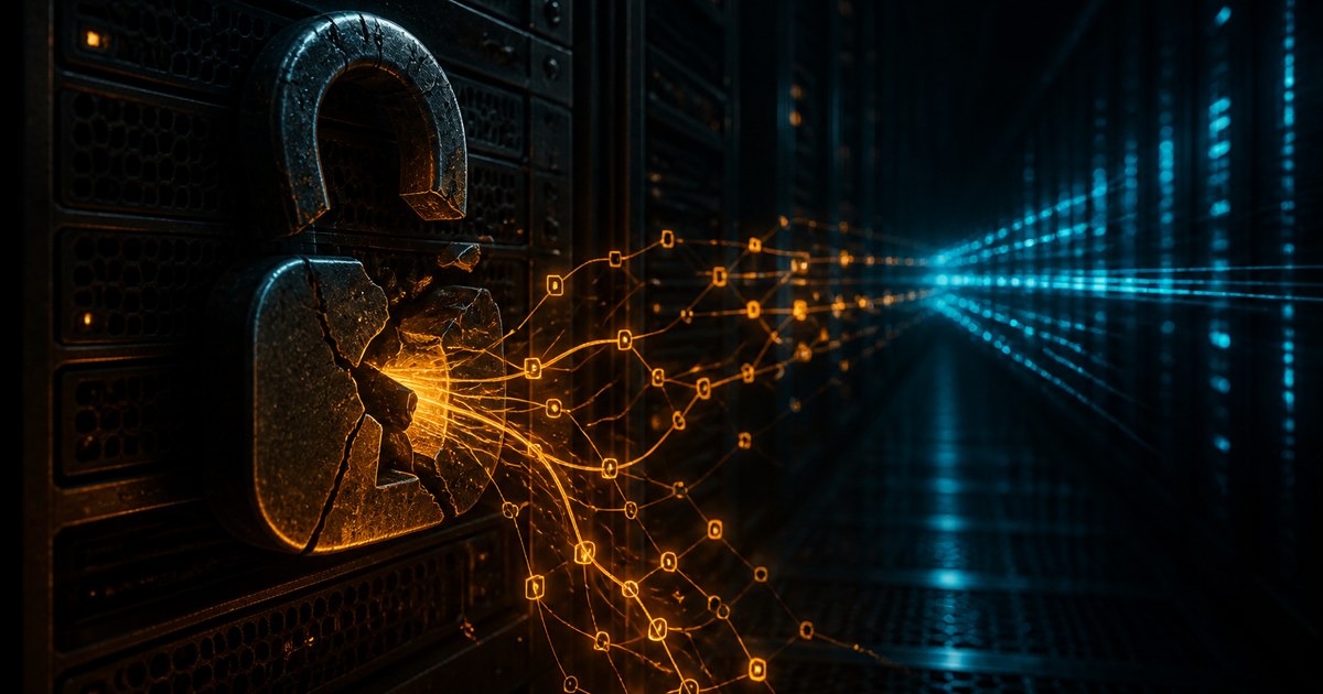 Dark editorial illustration of a cracked padlock guarding a server rack, amber workflow-node lines spilling through the broken latch toward a cyan data stream.