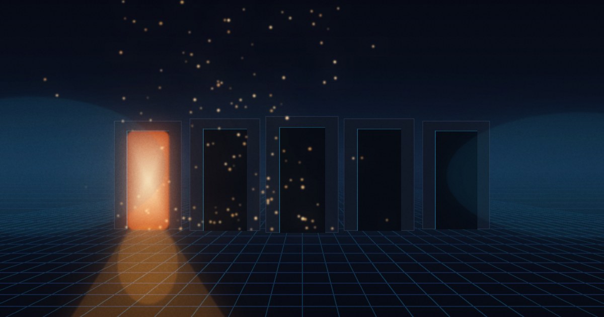Dark cyberpunk illustration of five tall doorways standing on a glowing cyan grid at night, four of them unlit and one burning amber, with embers drifting upward and the lit doorway casting a long reflection across the wet floor.