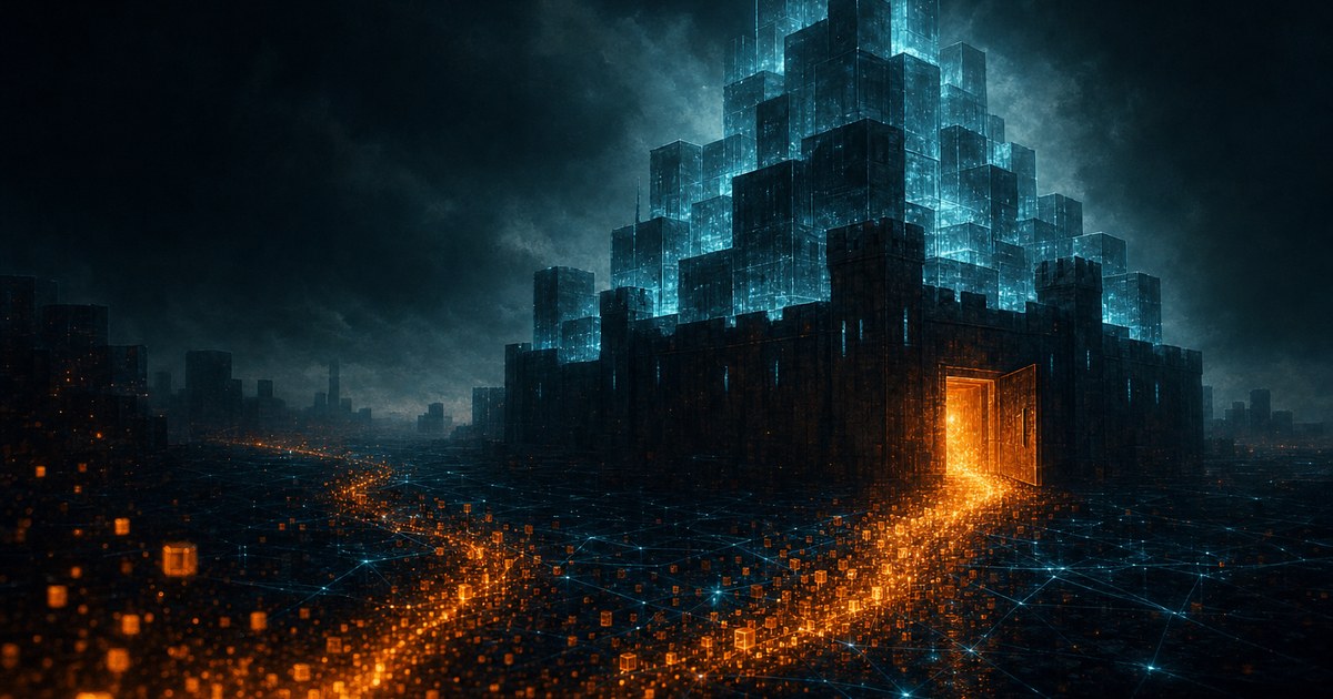 Dark cyberpunk illustration of a fortress built from stacked glass cubes at night, one small side door left ajar with a stream of amber data flowing out across a cyan network grid.