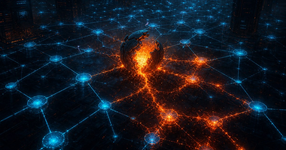 Dark cyberpunk illustration of a glowing neural-lattice workflow whose central node has burst open, bleeding orange light into a cyan grid above a black server hall.
