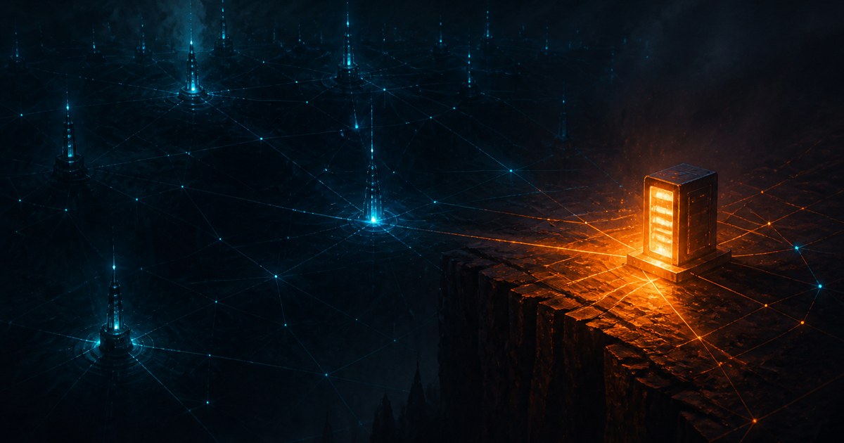 Dark cyberpunk illustration of a glowing amber node hub silhouetted in a wireframe network grid at night, with unseen relay towers appearing at the grid's dark edges under cyan starlight