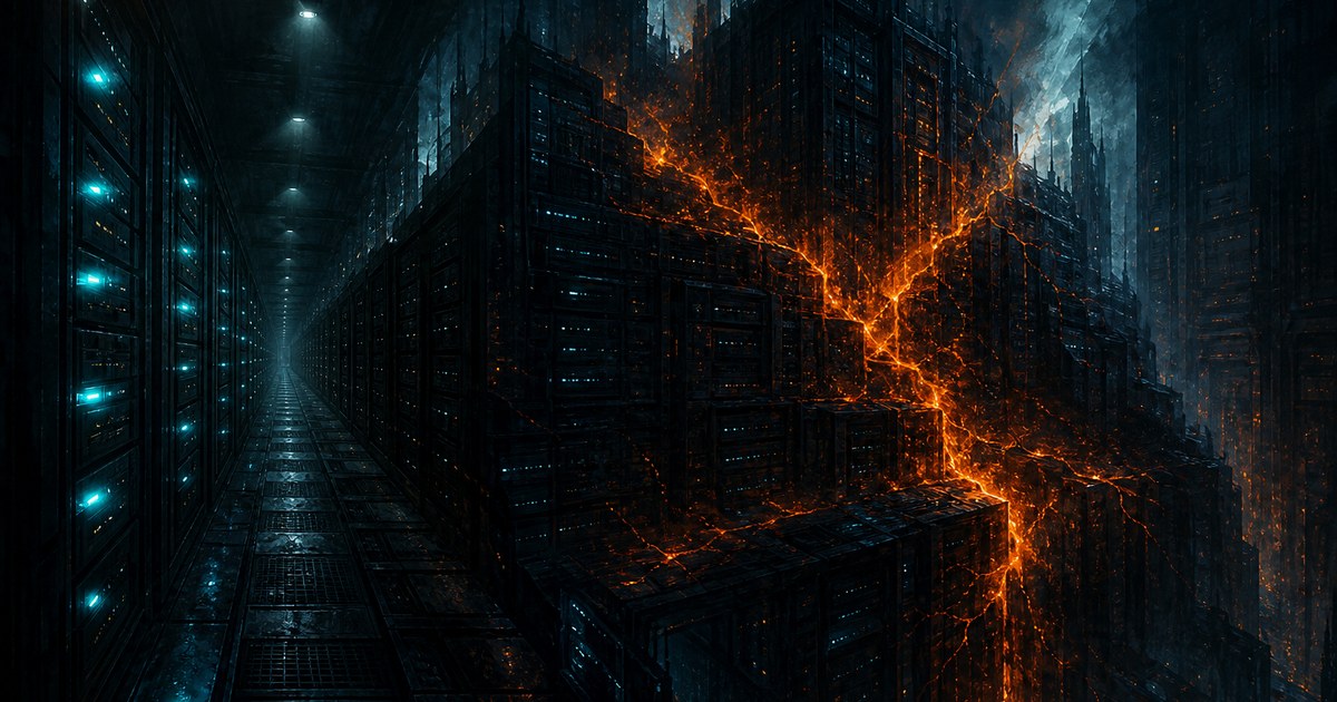 Dark cyberpunk illustration of a fractured amber key suspended above a network of glowing circuit traces in a dark server environment, with cyan light bleeding out from the fracture point