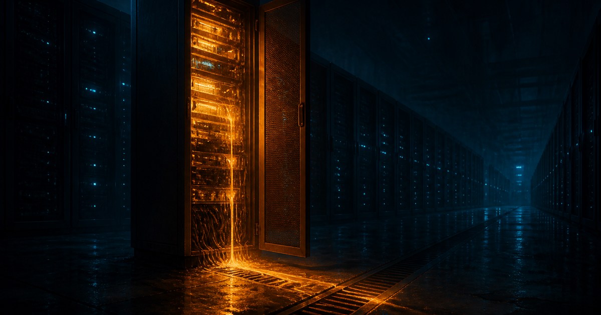 Dark cyberpunk illustration of a server hall at night where one rack door hangs open and an amber glow drains away into the floor while rows of cyan status lights reboot into darkness.