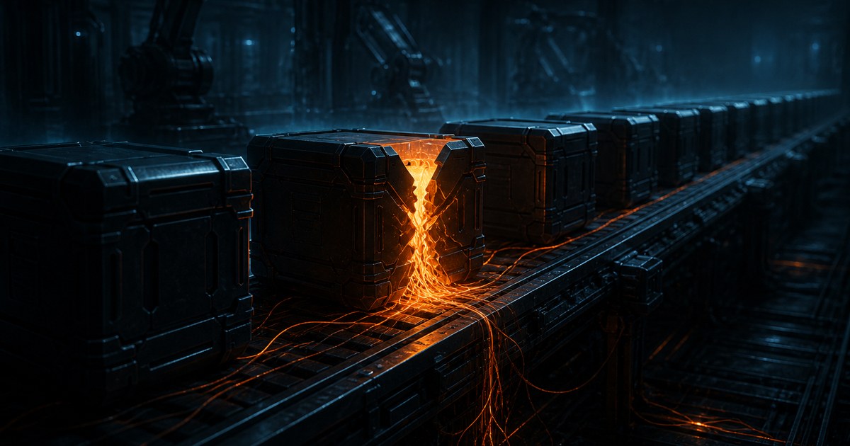 Dark cyberpunk illustration of a conveyor line of identical sealed black crates in a dim automated facility, one crate split open from the inside with orange light and glowing filaments spilling down through the floor grating.