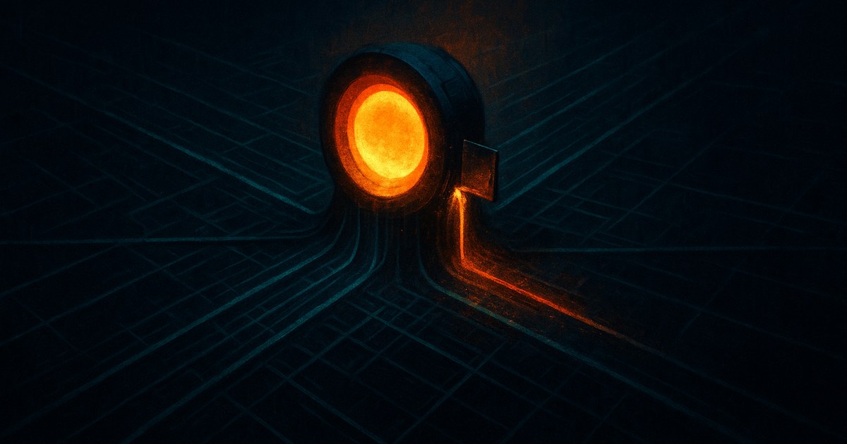Dark cyberpunk illustration of a glowing network gateway node bleeding orange light into a cyan data grid, with a small side hatch hanging open.