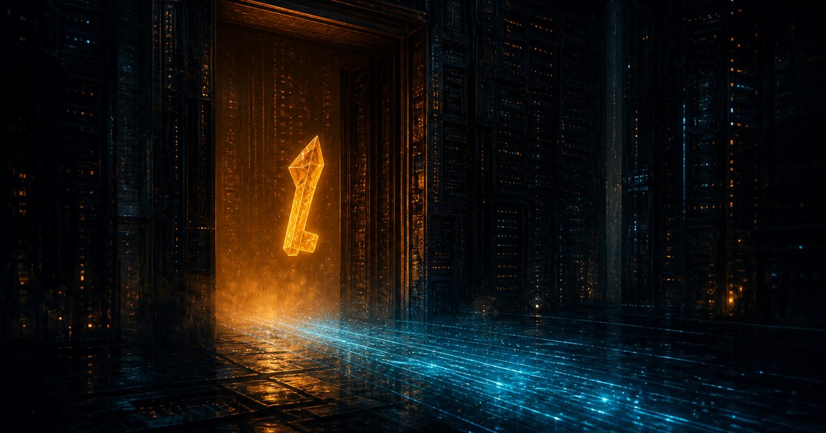 A translucent key made of a single glowing character hovering in the open gateway of a dark server corridor, cyan data lines spilling out around it.