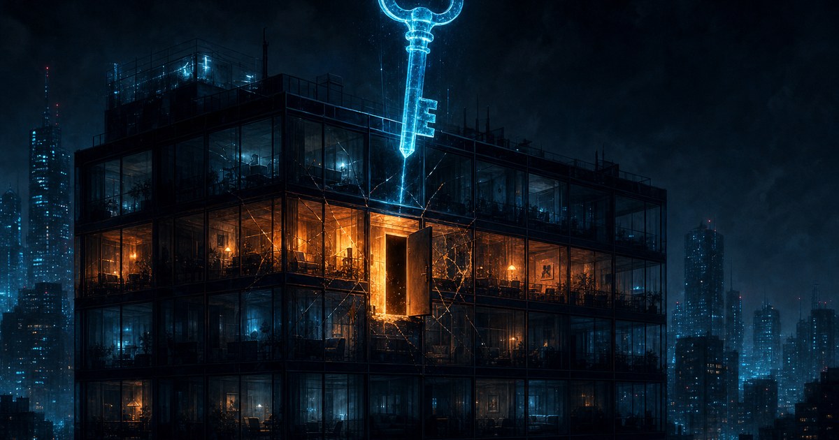 Dark cyberpunk illustration of a multi-floor glass apartment tower at night with one tenant unit breached and amber light spilling into adjacent units, a single skeleton key floating above the rooftop.