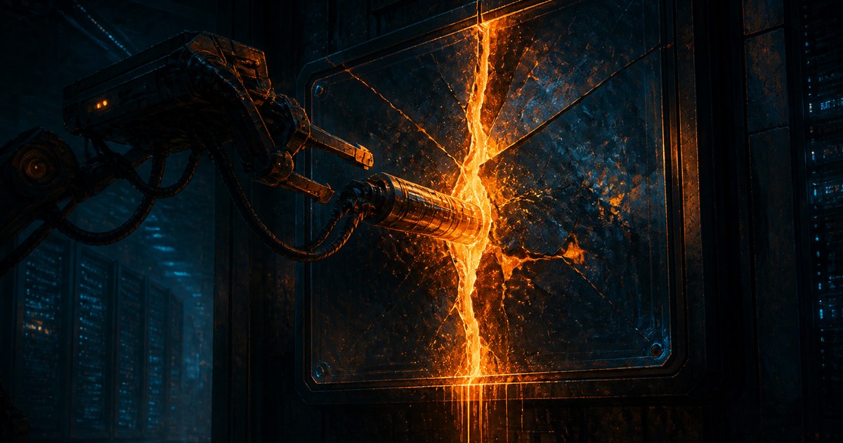 Dark cyberpunk illustration of a glass display screen fractured open with amber light spilling through the crack, a small mechanical extraction rig reaching in through the break, faint cyan server racks glowing in the background.