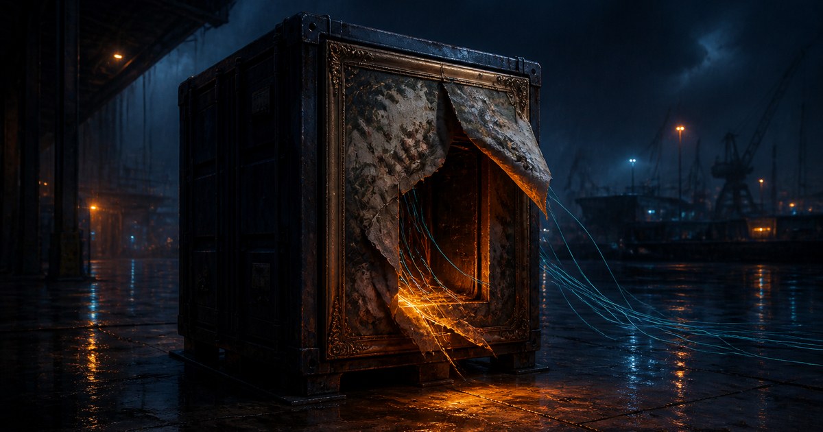 Dark cyberpunk illustration of a freight crate on a rain-slick dock at night, its ornate painted front panel peeling away to reveal an open hatch lit from inside in amber, with thin cyan filaments trailing out across the wet concrete.