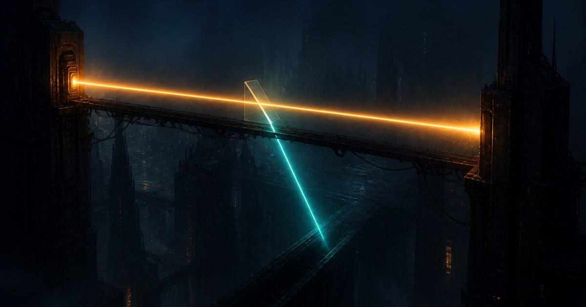 Dark cyberpunk illustration of a night skyway between two towers, where an amber beam crossing the bridge passes through an angled pane of glass that silently splits a cyan copy of it away into the unlit city below.