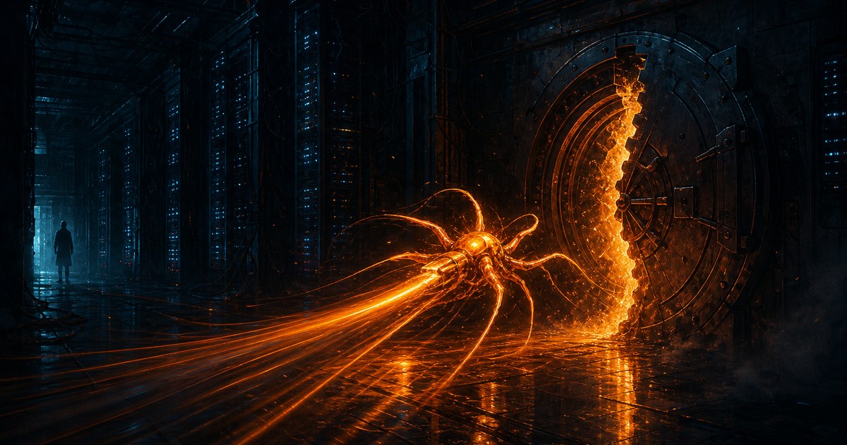 Dark cyberpunk illustration of a glowing orange spider-like machine intelligence threading at speed through a cyan lattice of servers and a locked vault, with a still human silhouette watching from the shadows.