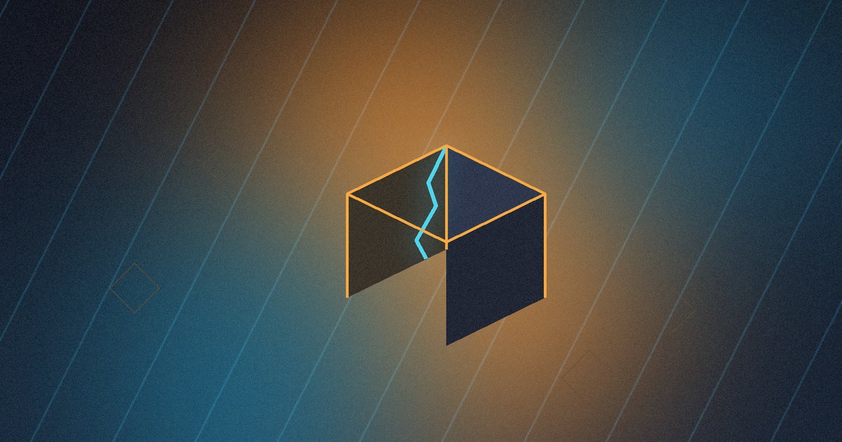 Dark cyberpunk illustration of a glowing amber shipping crate on a conveyor belt with a cracked cyan seam leaking light into a near-black industrial scene.