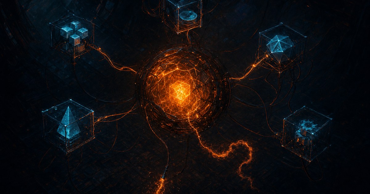 Dark cyberpunk illustration of a glowing orange AI agent core wired into a small cluster of cyan tool nodes, with one connector hanging loose and bleeding orange light.