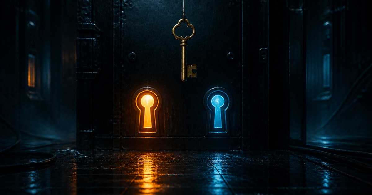 Dark cyberpunk illustration of a single brass key hanging on a thin wire in front of a black steel door set with two identical keyholes, one glowing amber and one glowing cyan, reflected on a wet floor.