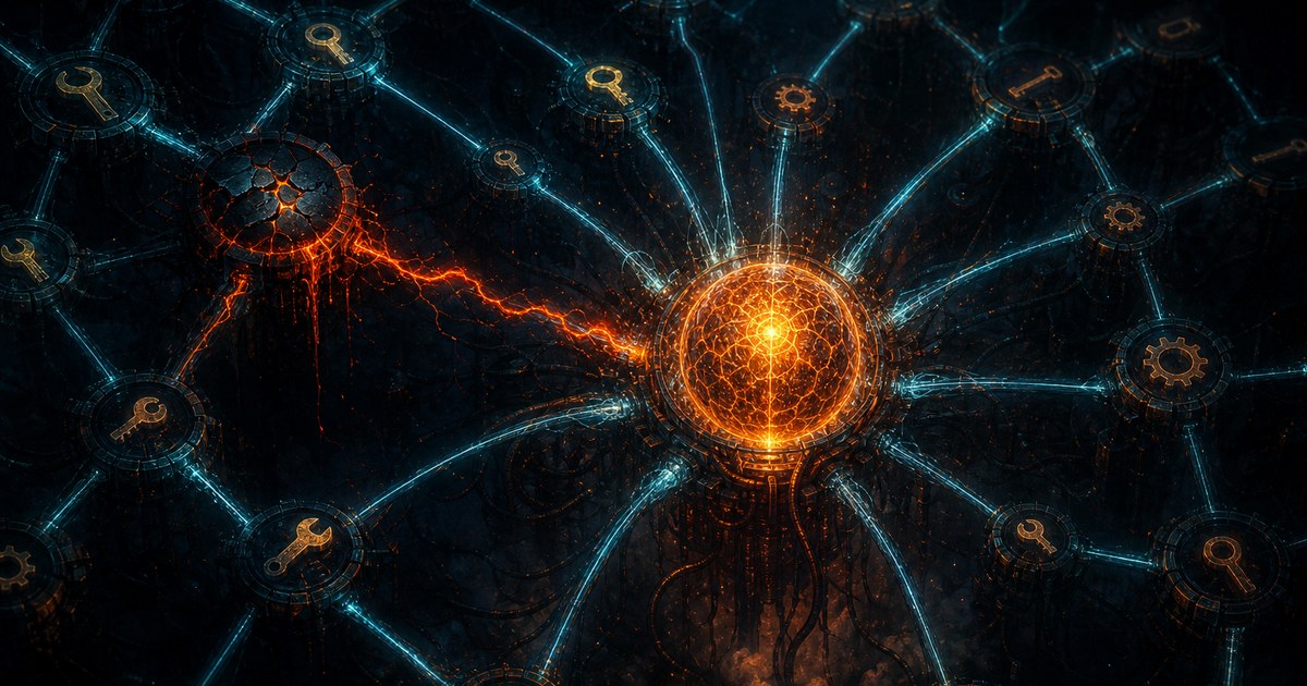 Dark cyberpunk illustration of a lattice of glowing tool-shaped nodes feeding a single AI core, one node corrupted and bleeding orange into the cyan grid.