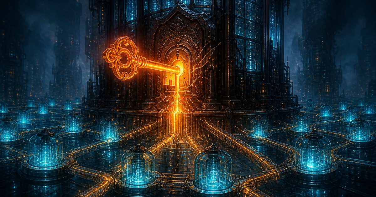 Dark cyberpunk illustration of a glowing amber master key unlocking a cracked glass data tower, its light draining down through pipes into a grid of smaller glowing cyan vessels below