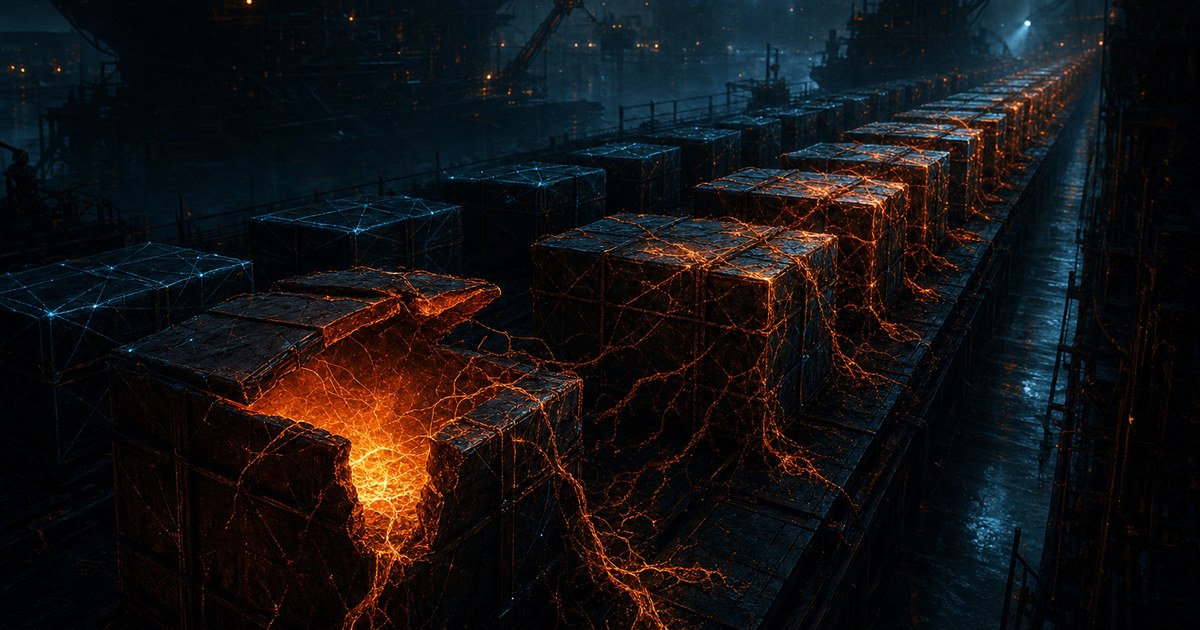 Dark cyberpunk illustration of a shadowy dockyard conveyor of identical sealed cargo crates, one cracked open and glowing molten orange with blight-like tendrils spreading to the neighboring crates along cyan network light-traces.