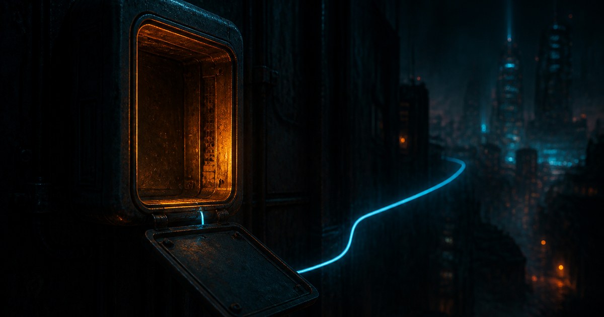 Dark cyberpunk illustration of a wall-mounted equipment enclosure at night, its hinged door swung open on an empty amber-lit interior, with a single glowing cyan line running out of it toward a distant lit city.