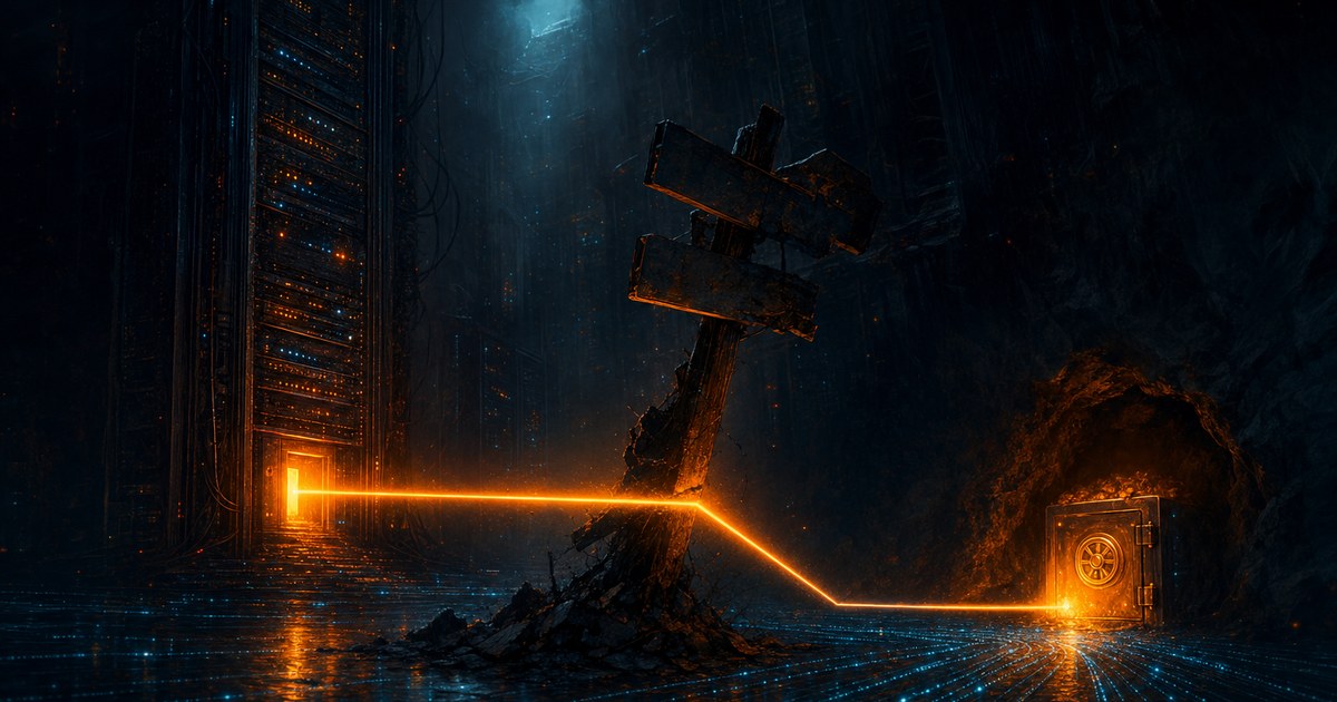 Dark cyberpunk illustration of a server rack's outbound light beam bending off course through a broken signpost toward a hidden glowing vault, orange breach light spilling into a cyan data corridor