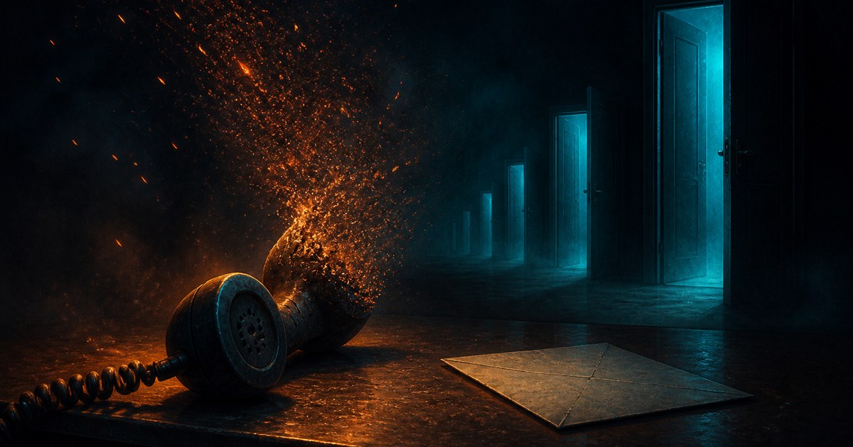 Dark editorial illustration of a corded telephone handset on a night desk dissolving upward into orange embers, a face-down envelope beside it, and a row of faint cyan-lit doorways standing ajar in the background.