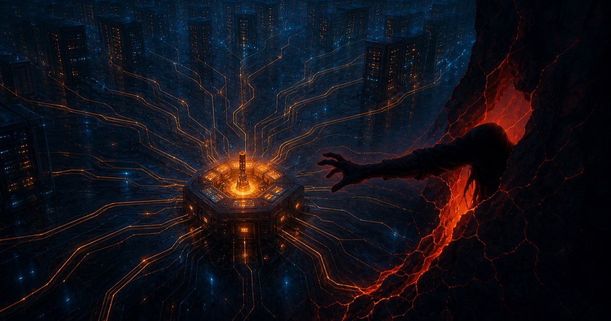Dark cyberpunk illustration of a single glowing control console with dozens of amber conduits branching out to distant rows of server racks, one conduit cracked open and leaking red light while a shadowed figure reaches through the breach