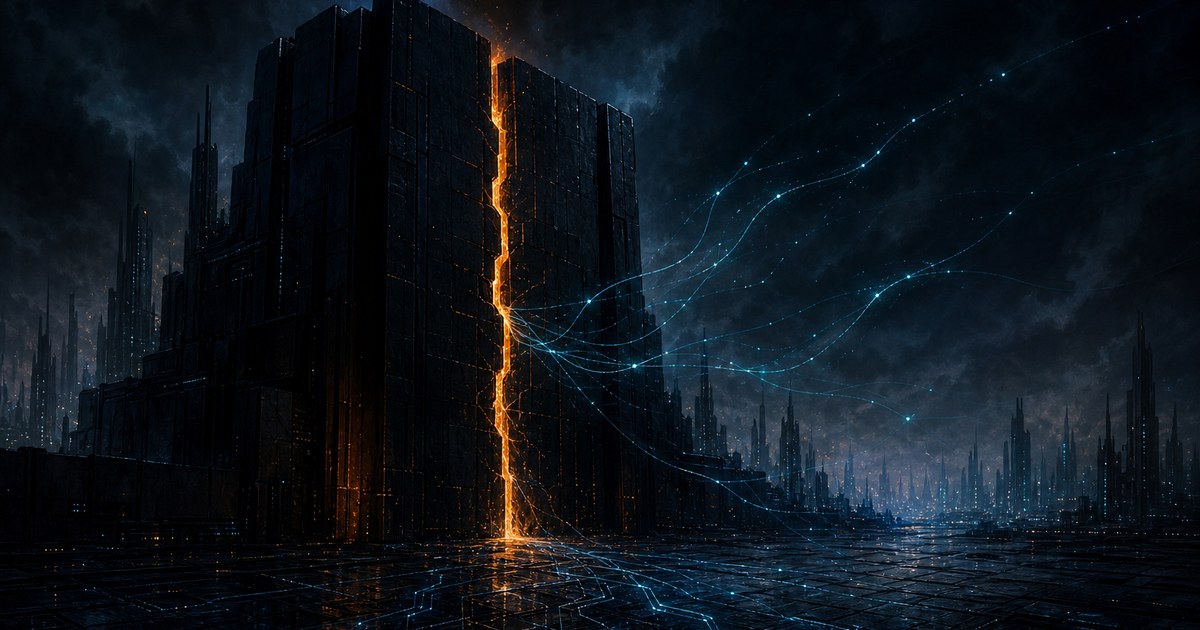 Dark cyberpunk illustration of a fortified network gateway at night with a hairline breach bleeding orange light and thin cyan data threads leaking out through the crack.