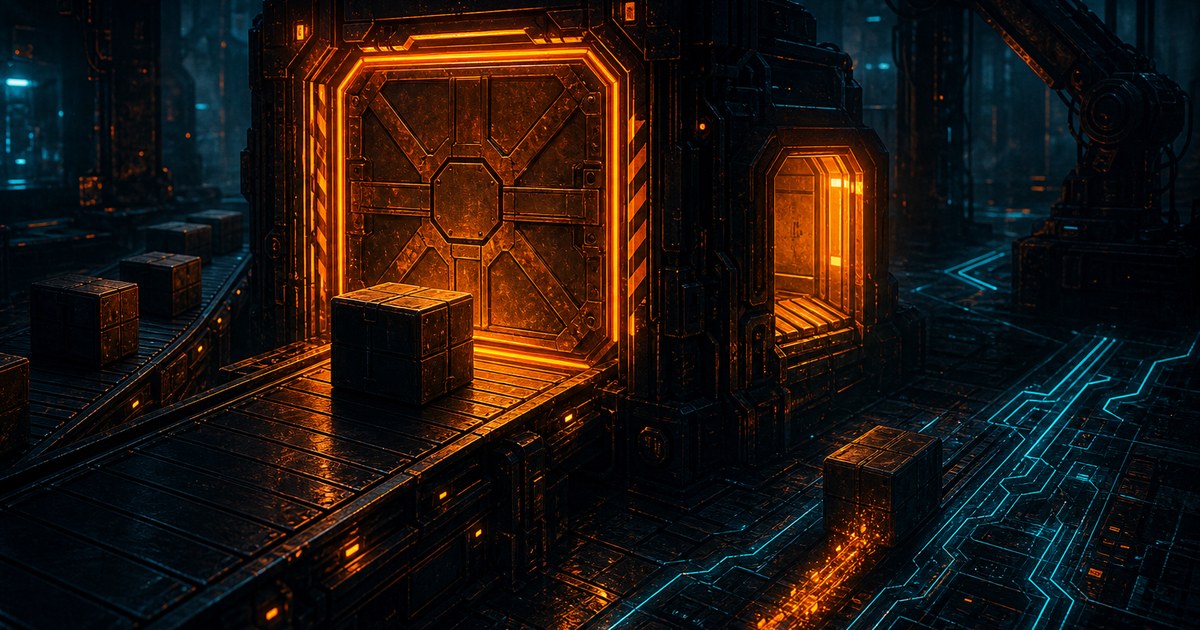 Dark cyberpunk illustration of a fortified package gate on a conveyor line, one gate slammed shut while a smaller side hatch glows orange and a shadowed parcel slips through on a parallel track.