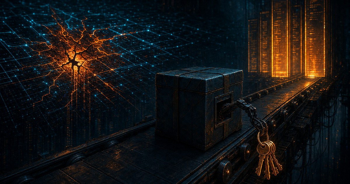 Dark cyberpunk illustration of a poisoned software-package crate on a dim conveyor belt, an orange corrupted node bleeding into a cyan grid of editor windows, with one keyring of glowing keys being pulled out through a hidden hatch.