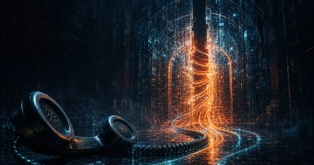 Dark cyberpunk illustration of a telephone handset wired into a glowing identity gateway, its locked arch splitting open as orange data streams relay through in real time.