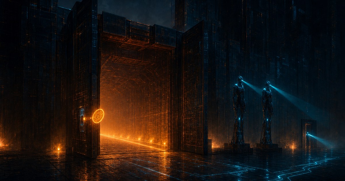 Dark cyberpunk illustration of a heavy fortress gate at night swinging open as a forged glowing key-card passes a reader, an amber tunnel of light boring inward while cyan sentries watch the wrong doorway.
