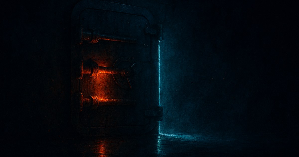 Dark cyberpunk illustration of a heavy vault door at night, three locking bolts glowing amber across its face, with a blade of cold cyan light escaping along the gap at its right edge and reflecting on the wet concrete floor.