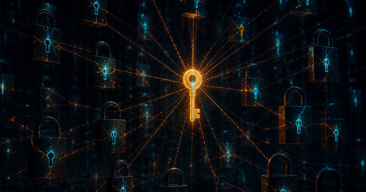 Dark cyberpunk illustration of a single small glowing amber key duplicated across a dark server-lit landscape into countless identical locks, one shared crack of cyan light running through all of them at once