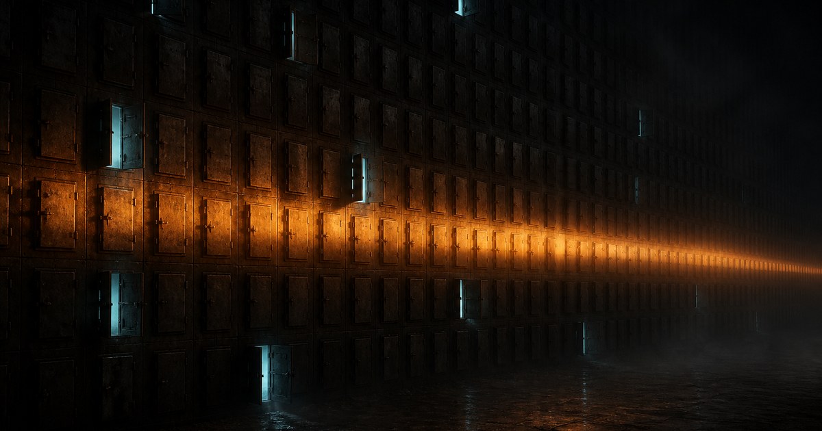 Dark cyberpunk illustration of a vast night-time grid of identical sealed doors receding into the distance, a single wide orange beam sweeping across hundreds of them at once while cyan light outlines the handful standing open.